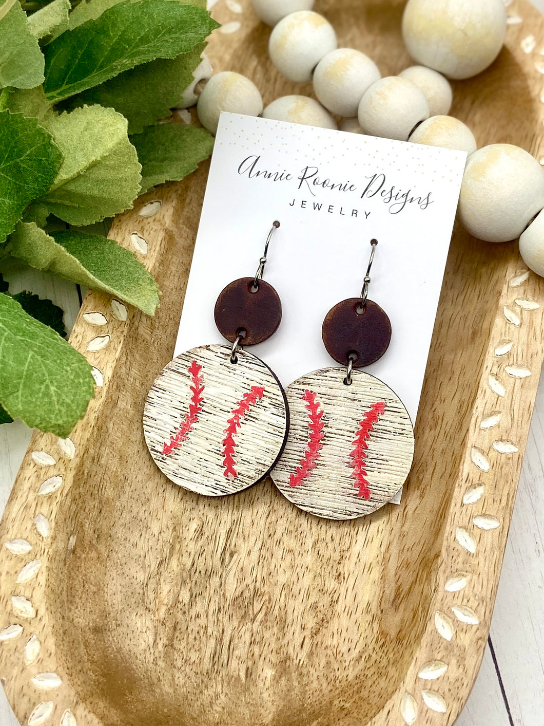 Handpainted Distressed Wooden Baseball earrings