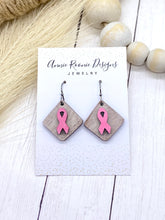 Load image into Gallery viewer, Handpainted Wooden Breast Cancer Awareness Earrings