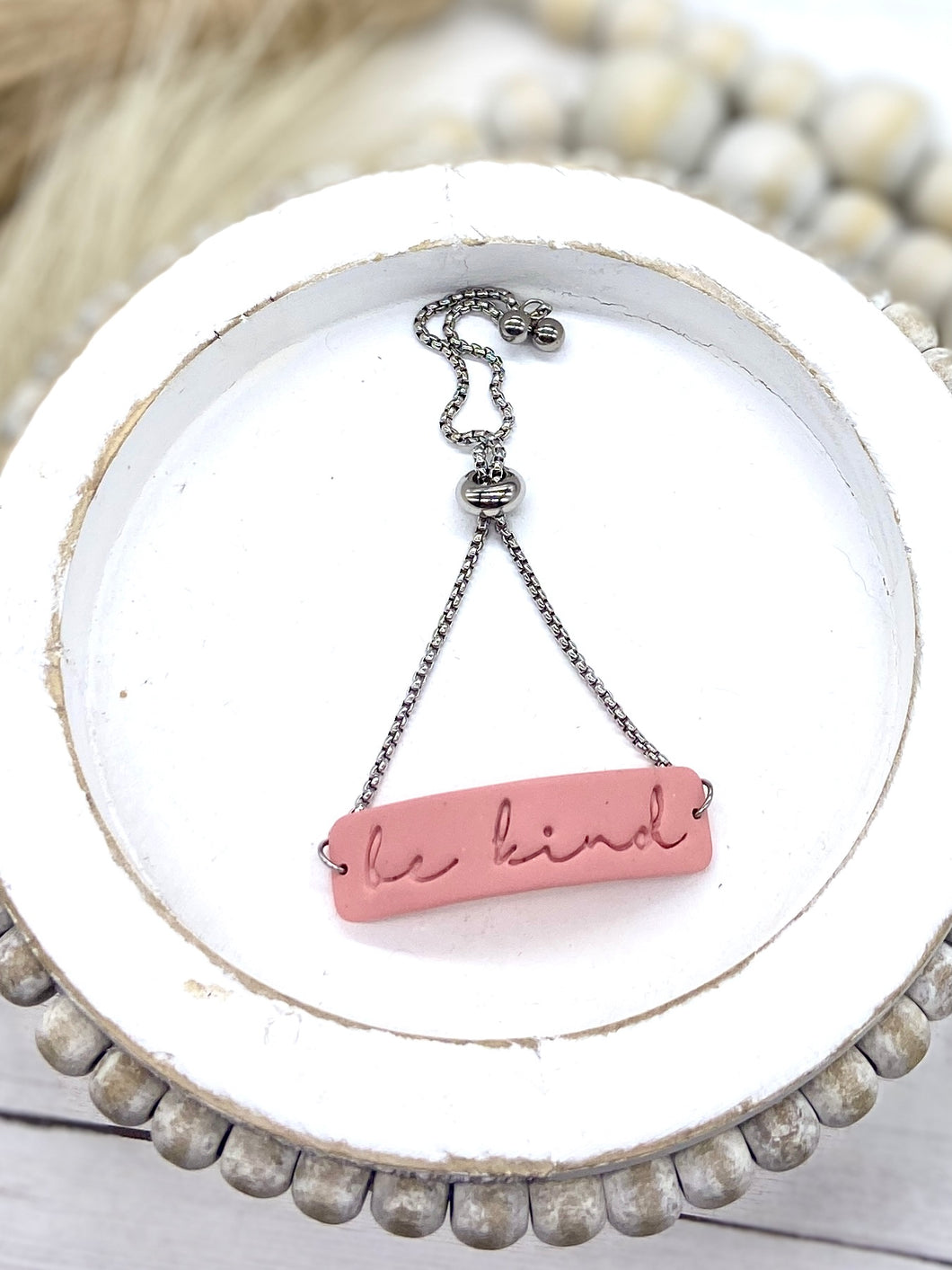 Coral clay BE KIND adjustable chain bracelet