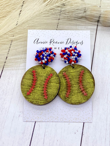 Handpainted Distressed Wooden Softball earrings - beaded topper