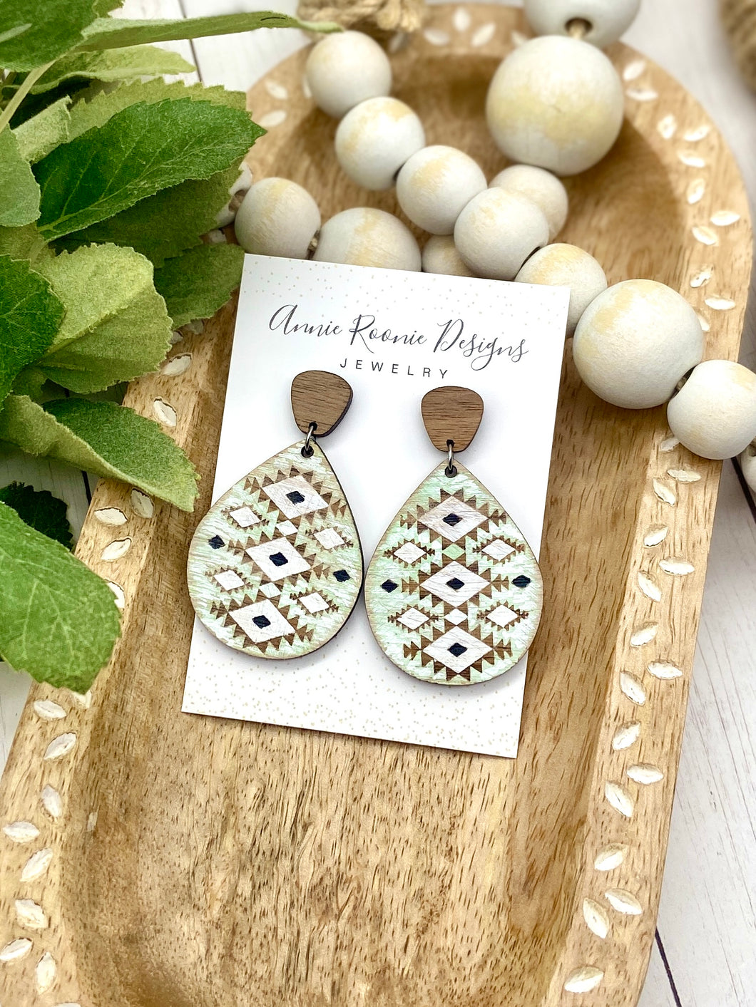 Handpainted Mint Aztec Wooden earrings