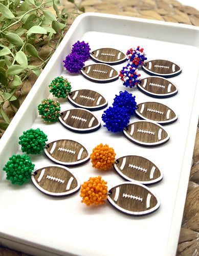 Handpainted Wooden Football earrings with pom pom toppers