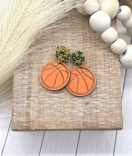 Handpainted Distressed Wooden Basketball earrings - beaded topper