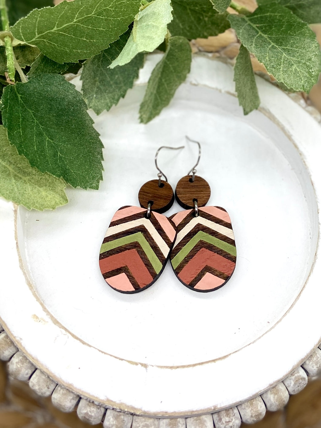 Handpainted Wooden Thick Chevron Boho Dangle earrings