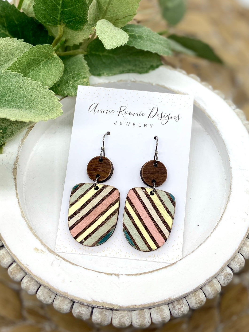 Handpainted Wooden Angled Stripe Boho Dangle earrings