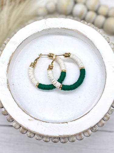 Green & Gold Heishi bead hoop earrings