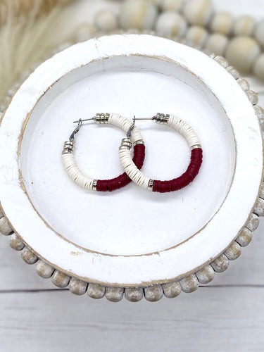 Maroon & Silver Heishi bead hoop earrings