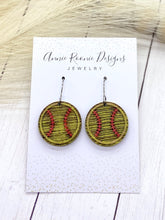 Load image into Gallery viewer, Handpainted Distressed Wooden Softball earrings - beaded topper