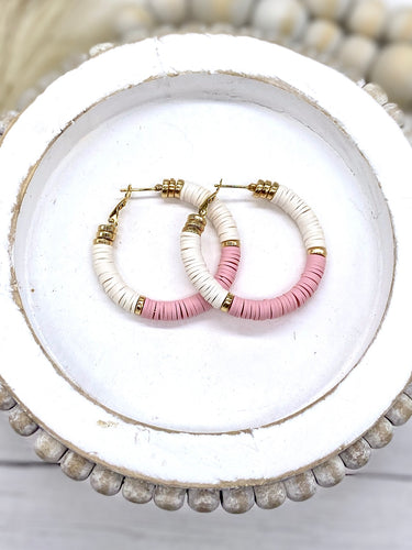 Light pink & Gold Heishi bead hoop earrings