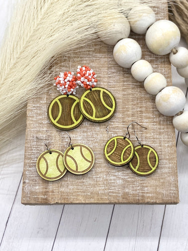 Handpainted Distressed Wooden Tennis earrings - beaded topper