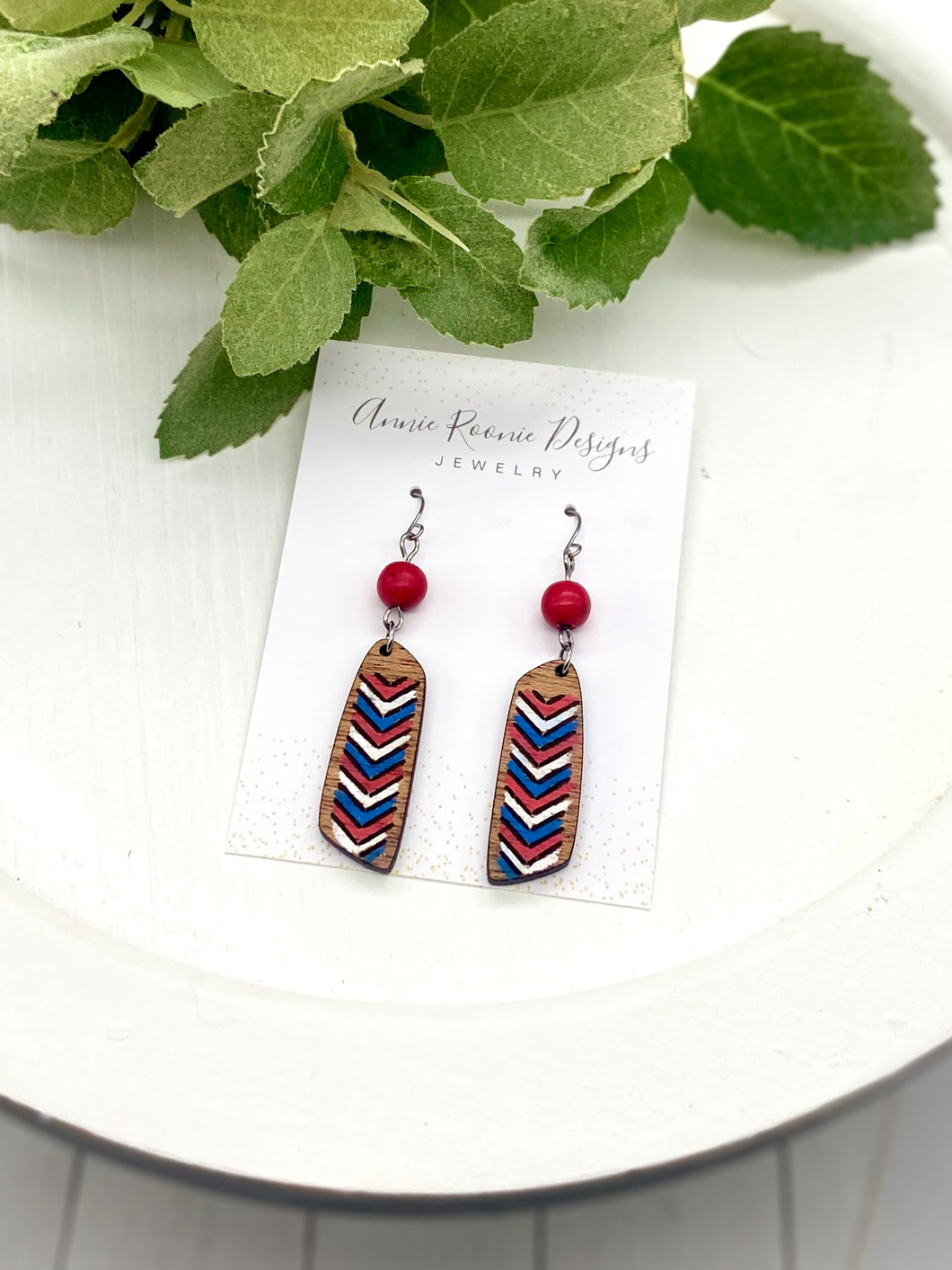 Red, White, & Blue Handpainted Trapezoid Wooden earrings