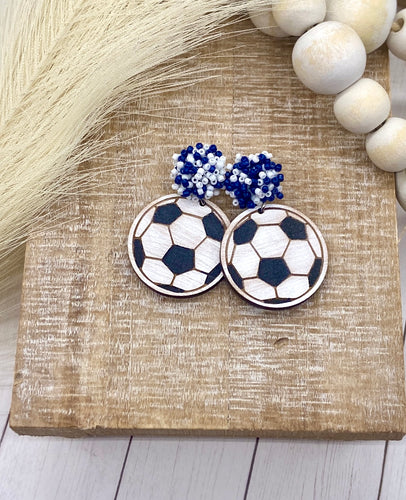 Handpainted Distressed Wooden Soccer earrings - beaded topper