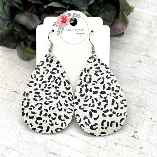 White & Black Snow Leopard leather Teardrop earrings