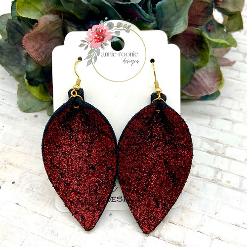 Red Sparkle leather Pinched Petal earrings