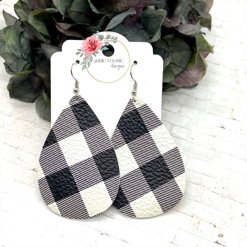 White Buffalo Plaid Leather Teardrop earrings