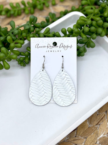 White Braided Leather Teardrop earrings