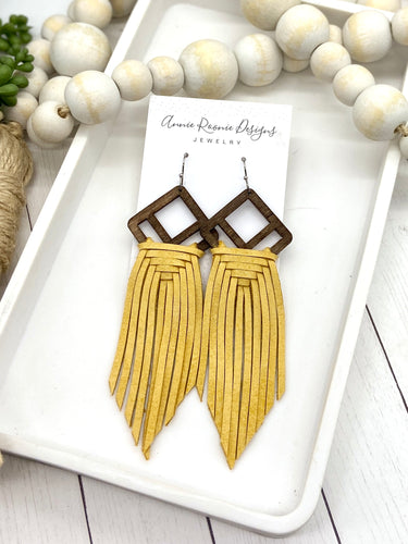 Woven Fringe Earrings in Yellow leather