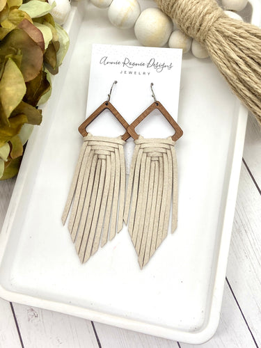 Woven Fringe Earrings in Cream leather