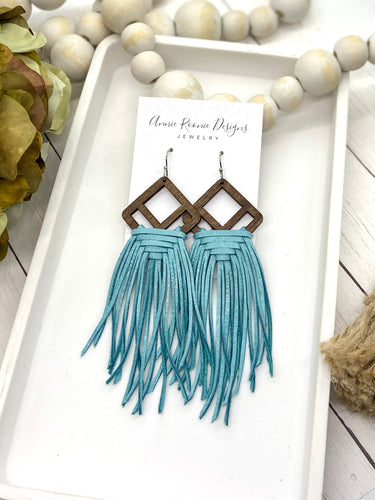 Woven Fringe Earrings in Caribbean blue leather