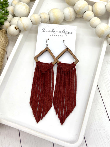 Woven Fringe Earrings in Maroon Suede